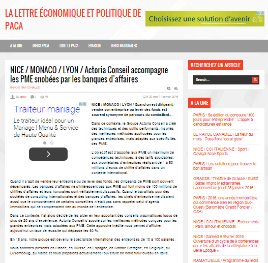 Actoria in The Economic Letter of PACA, international transmission of companies